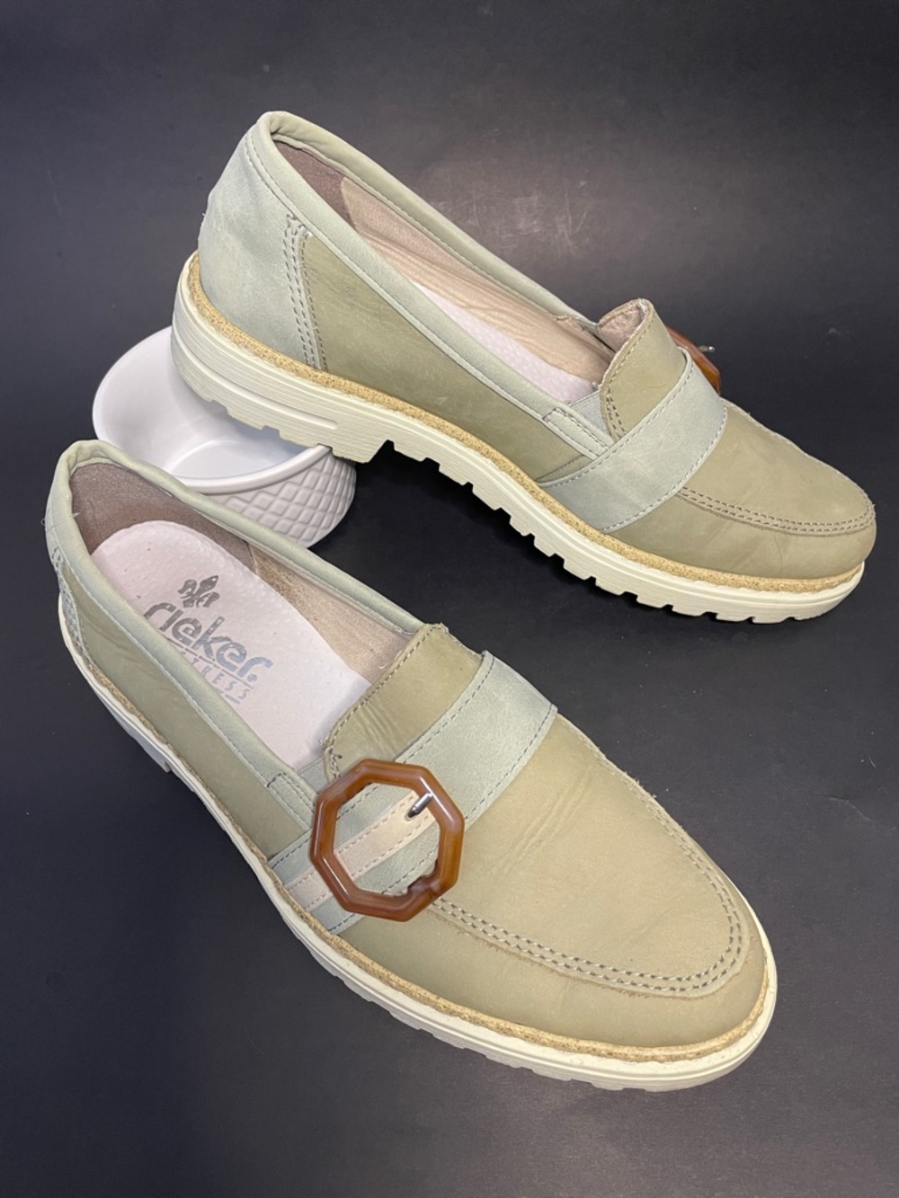 RIEKER Leather Sage Green Neutral Slip-On Resortwear Tortoiseshell Buckle Loafer